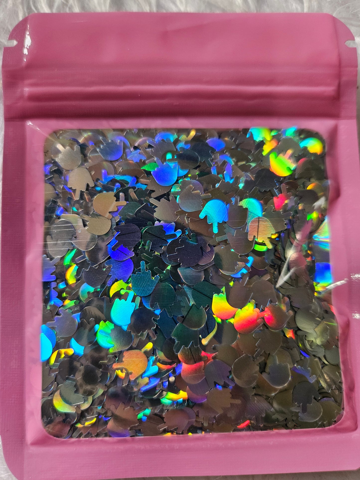 Silver holographic finger glitter shapes
